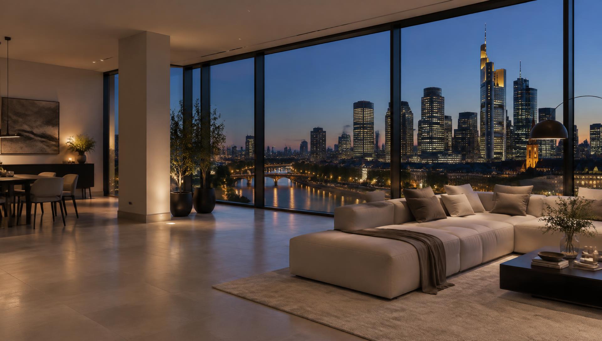 Elegantes Penthouse mit großen Fensterflächen und Blick auf die Frankfurter Skyline am frühen Abend